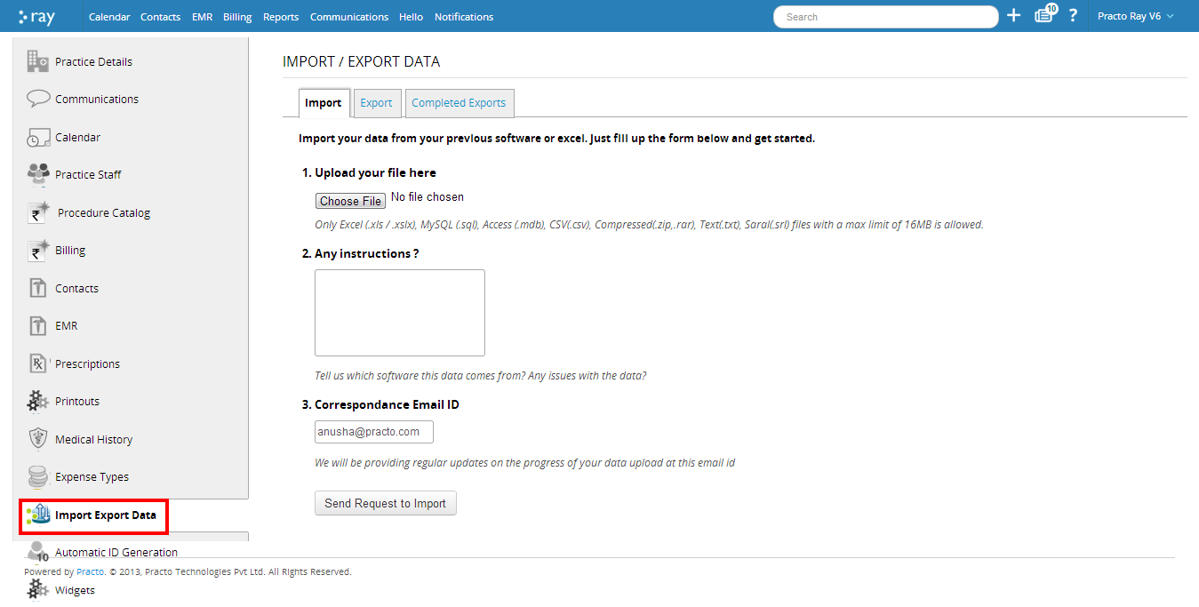 Import Export Data from practo   Practo Ray V6