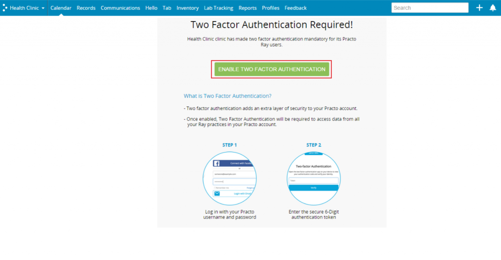 User notificaiton to enable two-factor authentication for Practo Ray